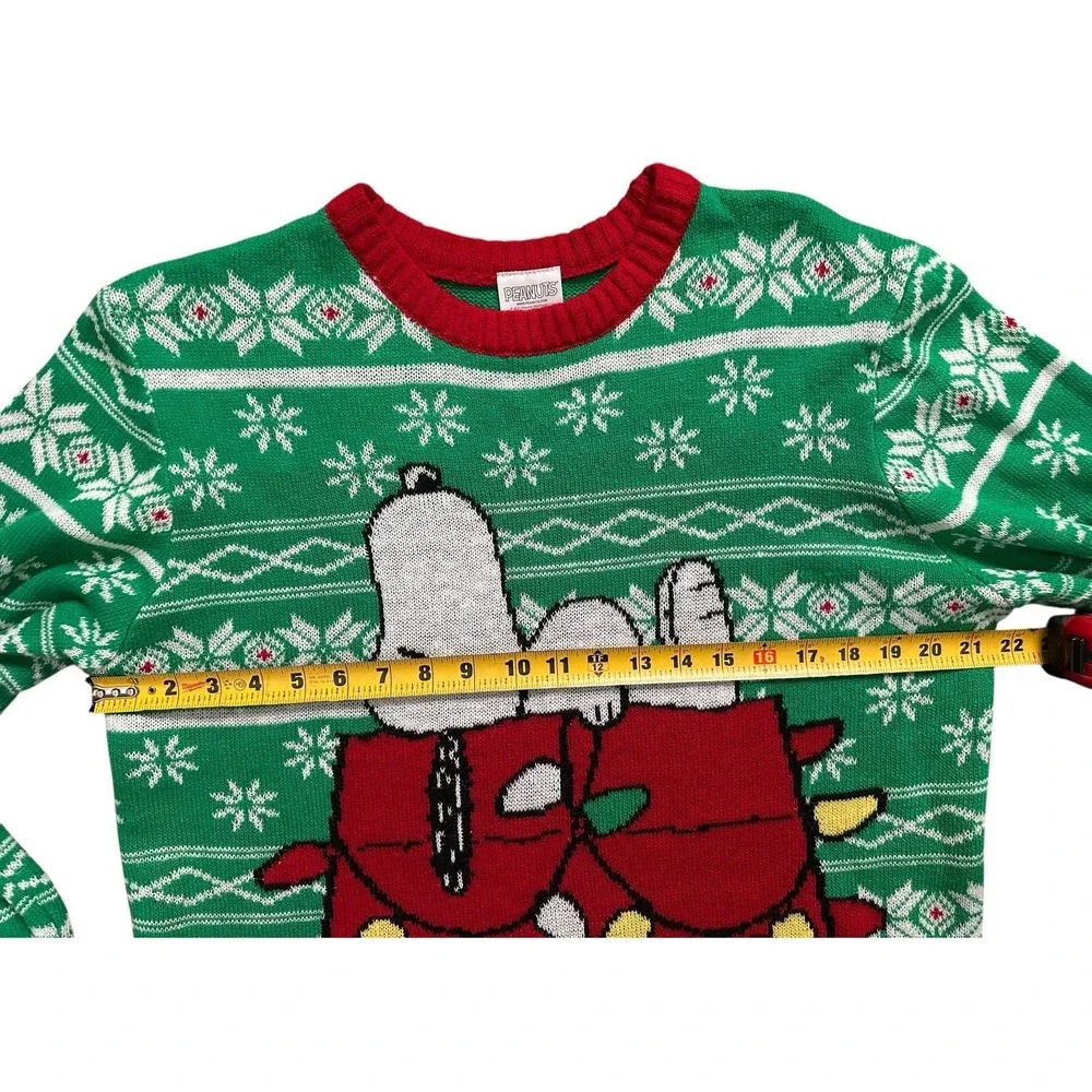 Peanuts Snoopy Doghouse Ugly Christmas Sweater Green Knitted Pullover Men's Sz L